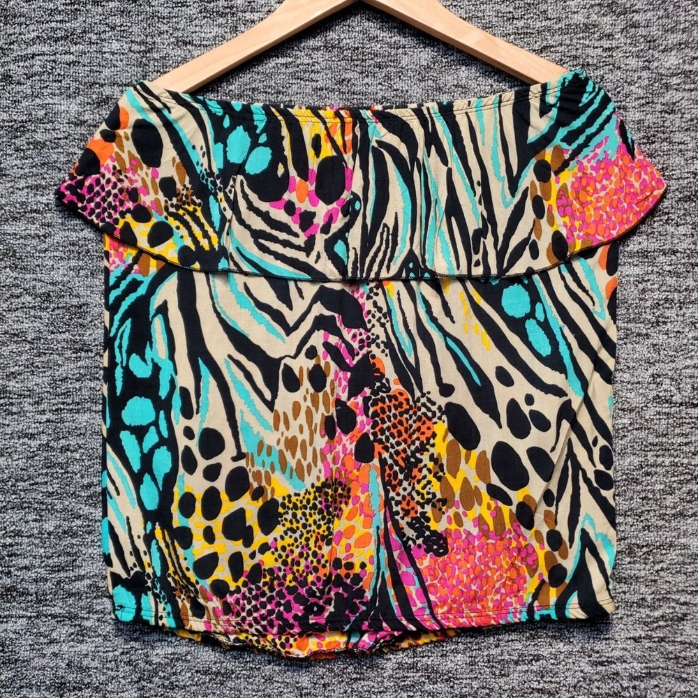 Rue 21 Off Shoulder Top Womens Large Animal Print Ruffle Rayon Y2K Boho louse
